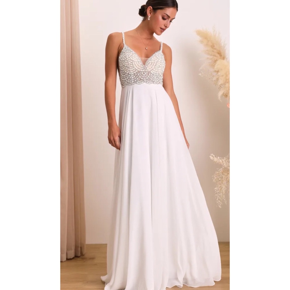 Lulus true love beaded rhinestone bodice spaghetti strap open back wedding gown